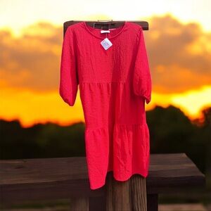 Vibrant Tiered Red Dress with Puff Sleeves by Solution